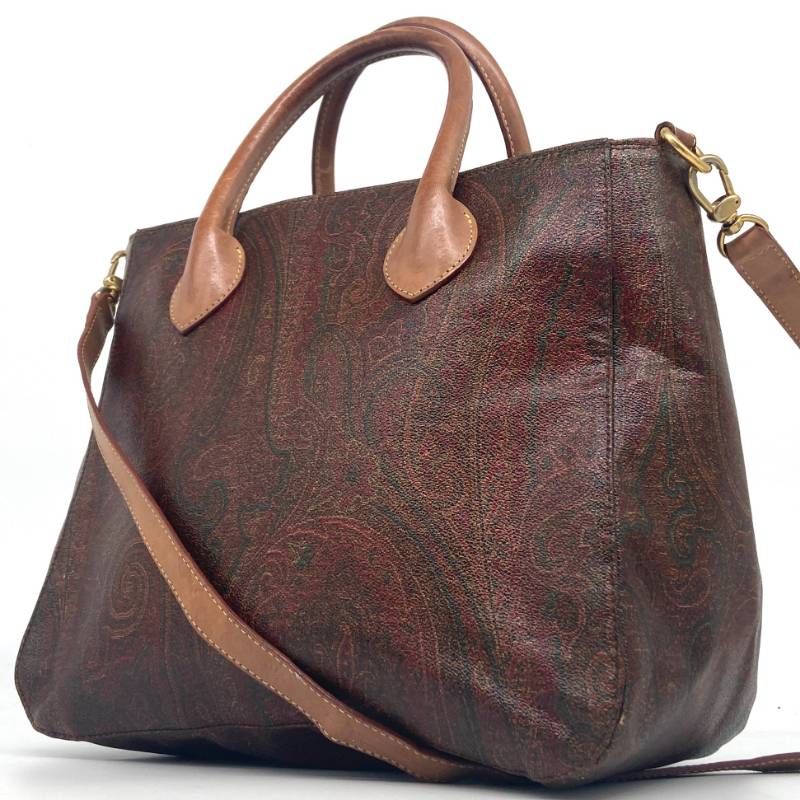 ETRO エトロ ペイズリー柄 2WAY ハンドバッグ ショルダーバッグ ブラウン ボルドー系 PVC ヌメ革 斜め掛け クロスボディ ヴィンテージ レトロ マチ広 自立 通勤 お出かけ サブバッグ レディース デイリーユース エイジング 経年変化 オールドエ