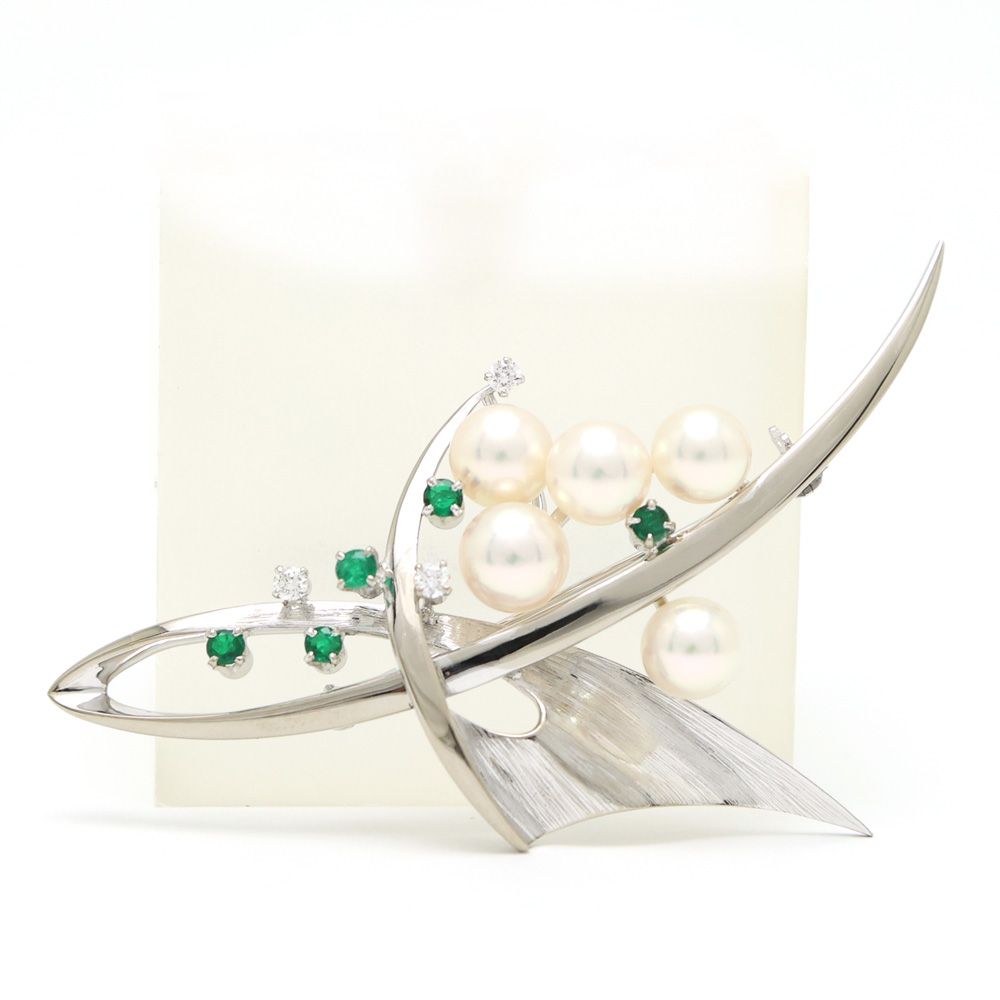 【楠本質店/元住吉】ミキモト/MIKIMOTO　K14WG　パール＆ダイヤモンド＆エメラルド ブローチ　パール7mm【中古】