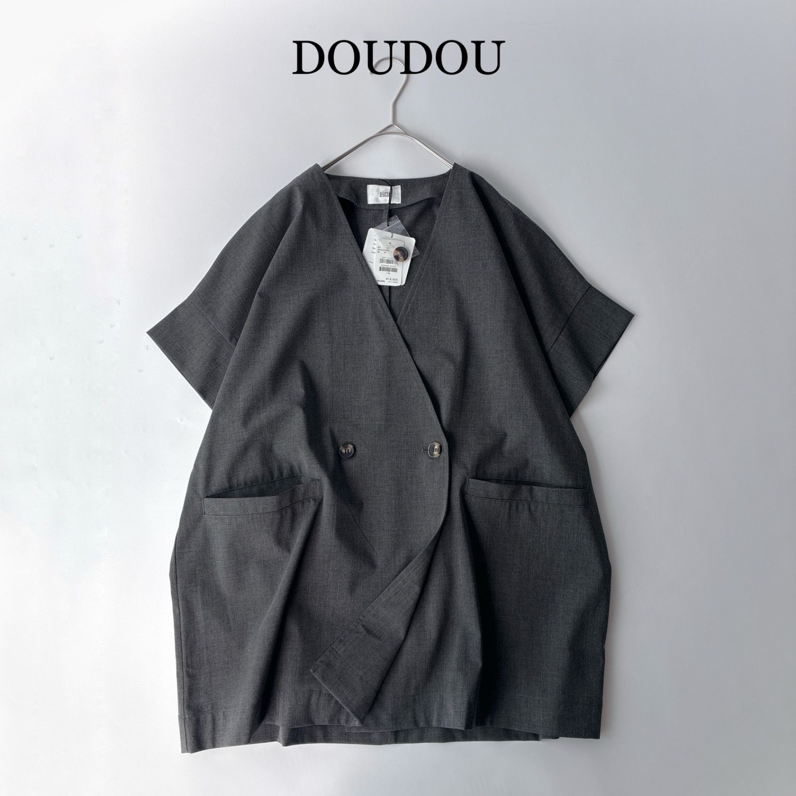 タグ付 2025 DOUDOU ドゥドゥ サマーフランネルハーフスリーブジャケット / チャコールグレー フリーサイズ М / siro de labonte シロ デ ラボンテ / ノーカラージャケット 近年モデル 春 夏 ゆったり
