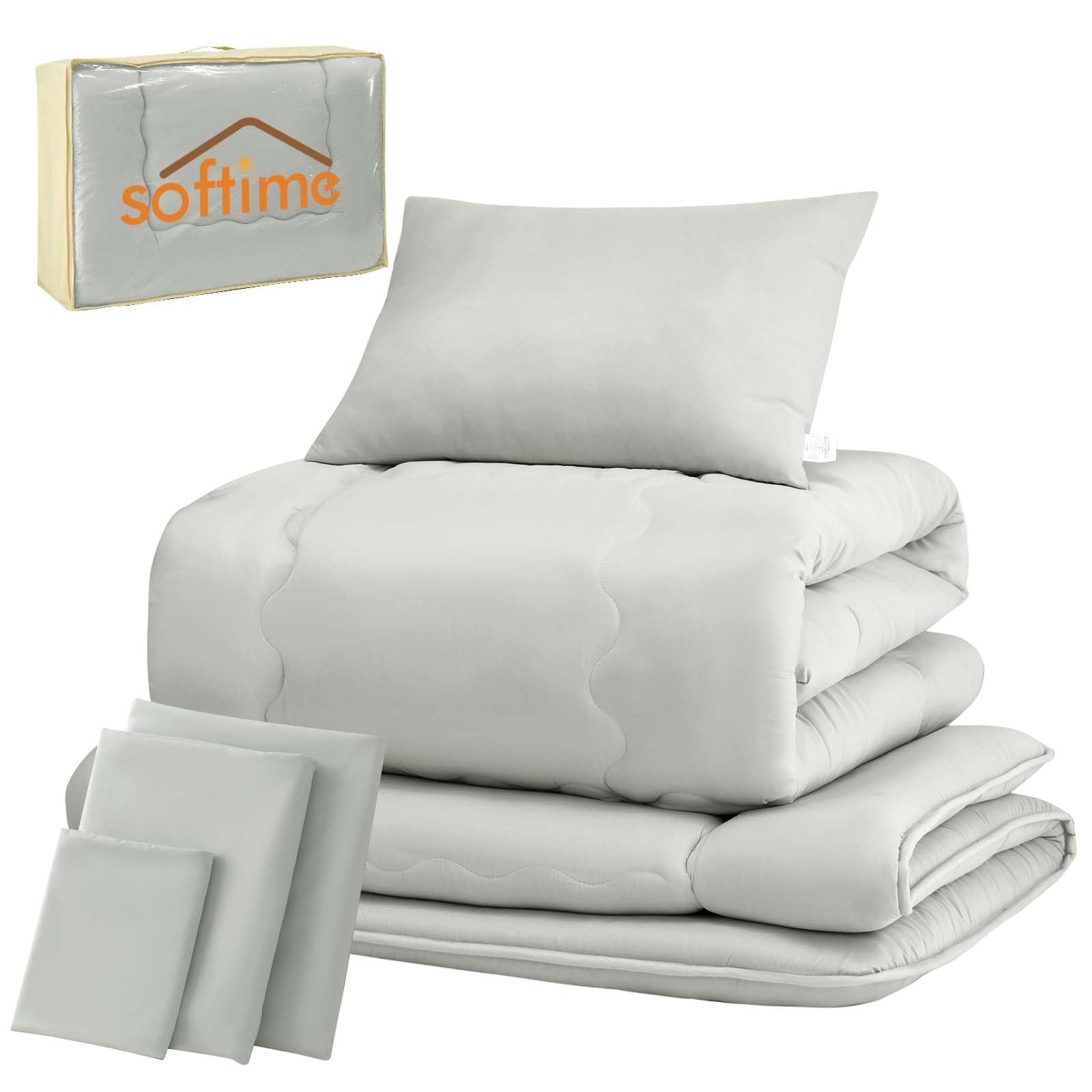 Softime 布団セット シングル 7点セット 中綿1.6kg掛け布団・高密度固綿入り 三層敷き布団・ふわふわ枕・カバー3点・便利な収納ケース 来客用布団セット 抗菌 防臭 寝具セット ピーチスキン加工 オールシーズン グレー★m