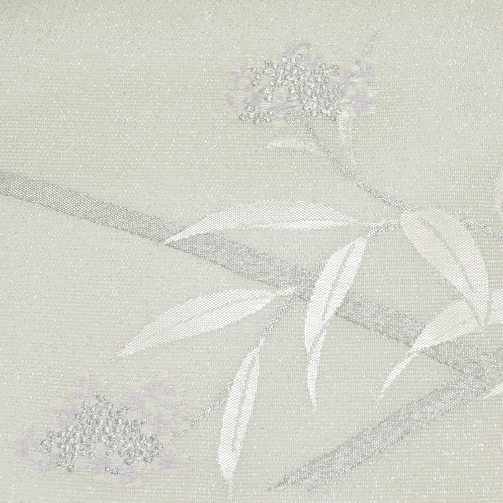 夏物 名古屋帯 紗 枝花に竹模様 銀通し 銀糸 正絹 乳白色系 セミ 