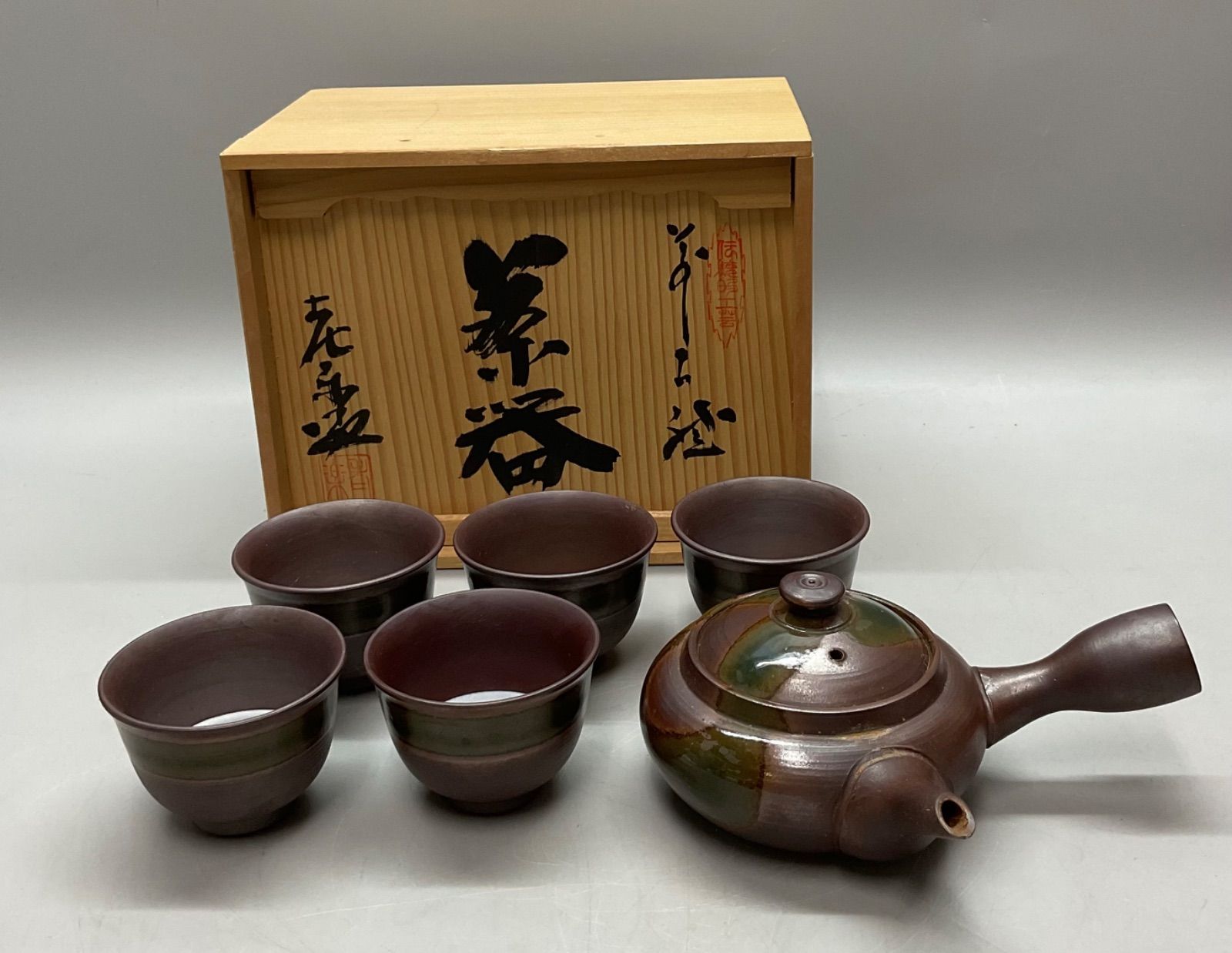 M181 陶栄堂 萬古焼 林風作 急須 湯呑 五客 セット 茶道具 陶芸 共箱