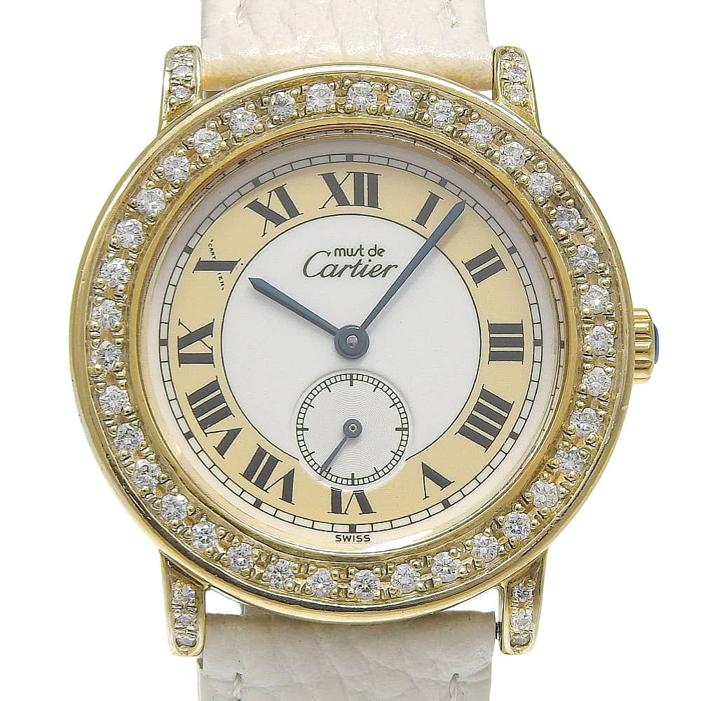 【CARTIER】カルティエ マストロンド アフターベゼル シルバー925×ダイヤモンド×レザー クオーツ アナログ表示 レディース 白文字盤 腕時計