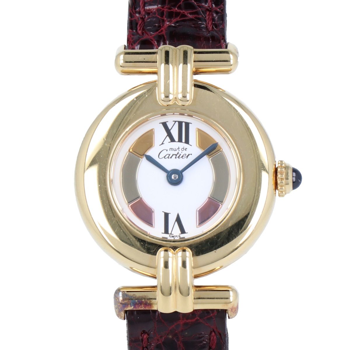 【Cartier】カルティエ マストコリゼ ヴェルメイユ トリニティ 590002 シルバー925 GP ホワイト文字盤 24mm レザーベルト クォーツ レディース 腕時計 時計 【中古品】 USED-AB 【9356】