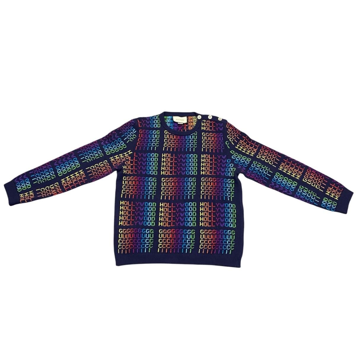 ☆グッチ セーター ロゴ総柄ニット 496657 XLサイズ ウール ネイビー レインボー マルチカラー GUCCI