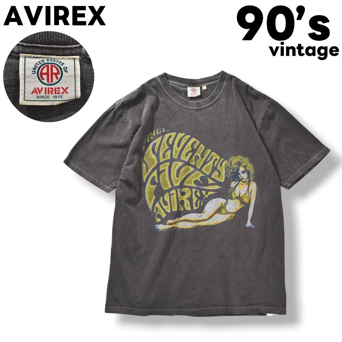 【希少】 90s ヴィンテージ 日本製 アヴィレックス AVIREX ピンナップガール プリント Tシャツ クルーネック カットソー L グレー アメリカン カジュアル ストリート ミリタリー メンズ