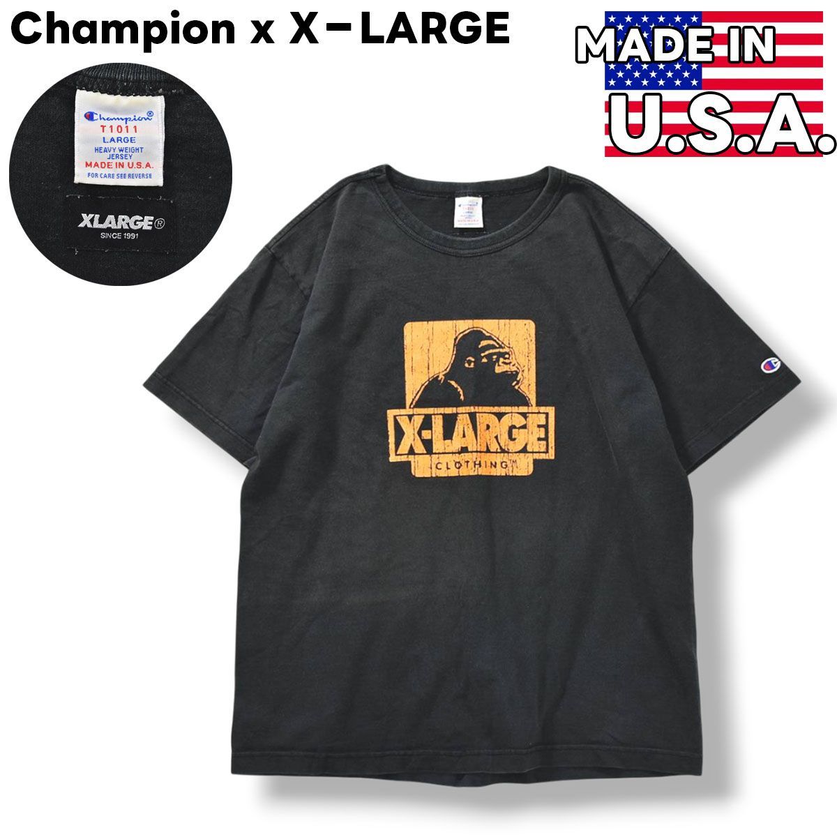 【コラボ】 USA製 チャンピオン x エクストララージ Champion x X－LARGE ダブルネーム ロゴ プリント T1011 ヘビーウェイト Tシャツ L ブラック メンズ