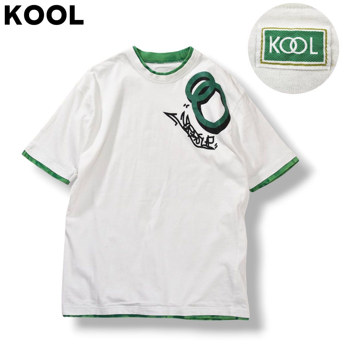 【入手困難】 クール KOOL ノベルティ ロゴ プリント リンガー ダブルフェイス デザイン Tシャツ F ホワイト x グリーン だばこ 企業物 嗜好品 懸賞品 販促品 メンズ