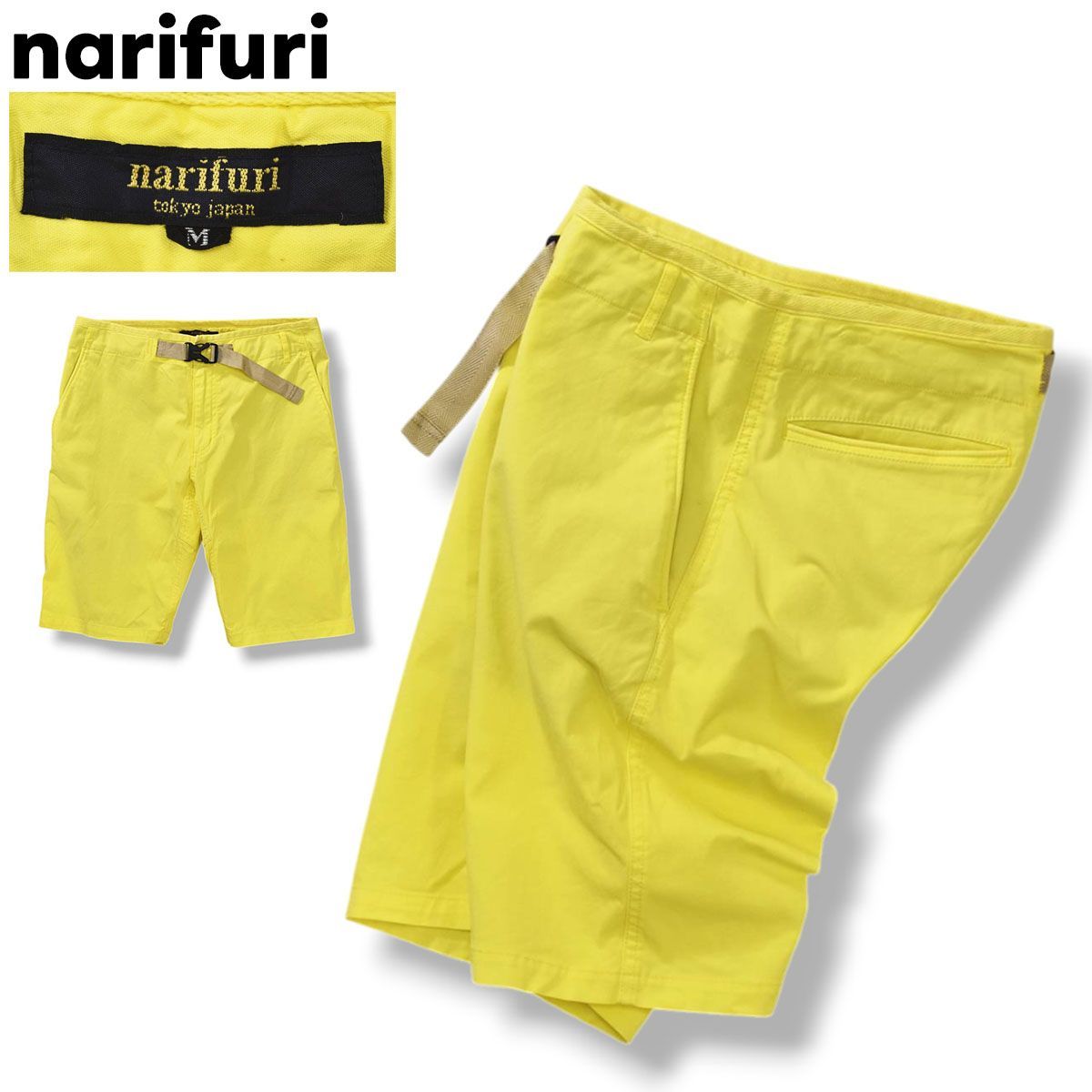 ナリフリ narifuri バイク ショート パンツ ショーツ ストレッチ コットン ジップアップ 立体裁断 M イエロー スポーツ ウェア トライアスロン ツーリング サイクリング 自転車 メンズ