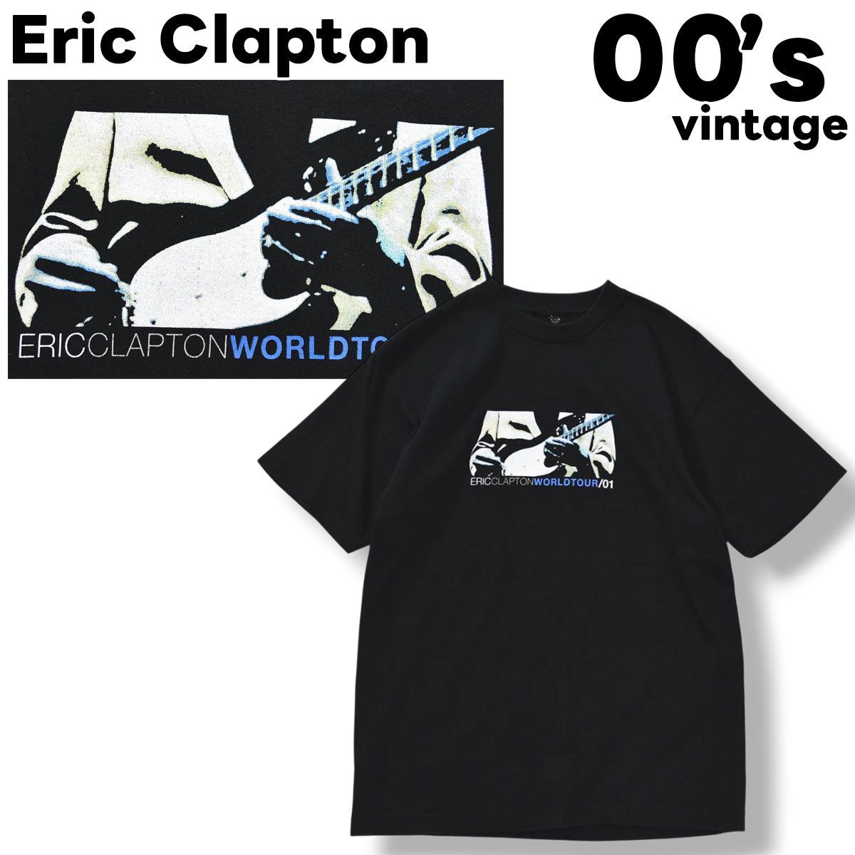 00s ヴィンテージ エリック クラプトン Eric Clapton 2001 ジャパン ツアー 限定 公演記念 プリント Tシャツ クルーネック カットソー L相当 ブラック ロック メンズ