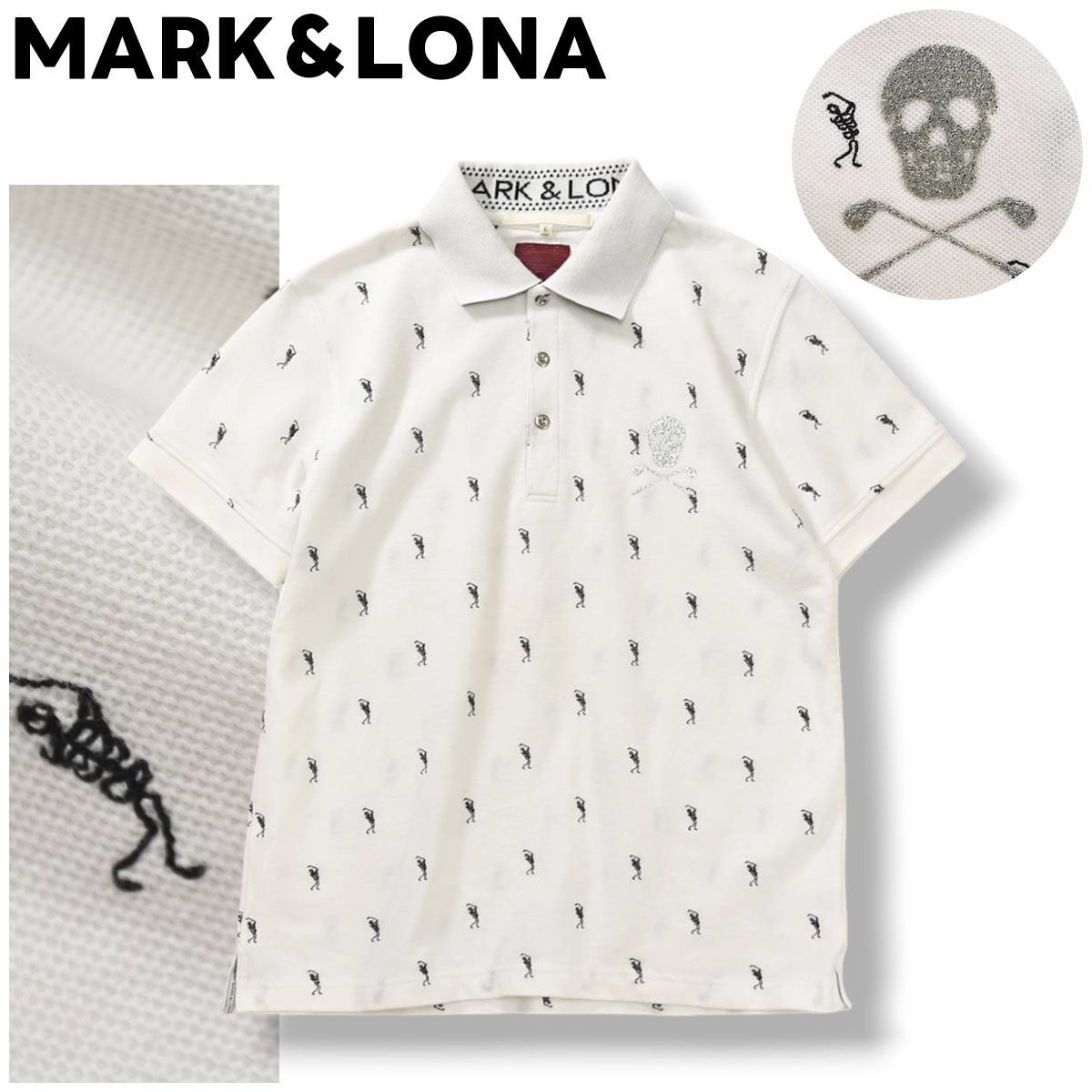 マークアンドロナ MARK＆LONA 半袖 鹿の子 ポロシャツ サイドスリット サイドシーム クロスボーン スカル ラメ プリント L 総柄 ホワイト ゴルフ スポーツ カジュアル メンズ 7,056円