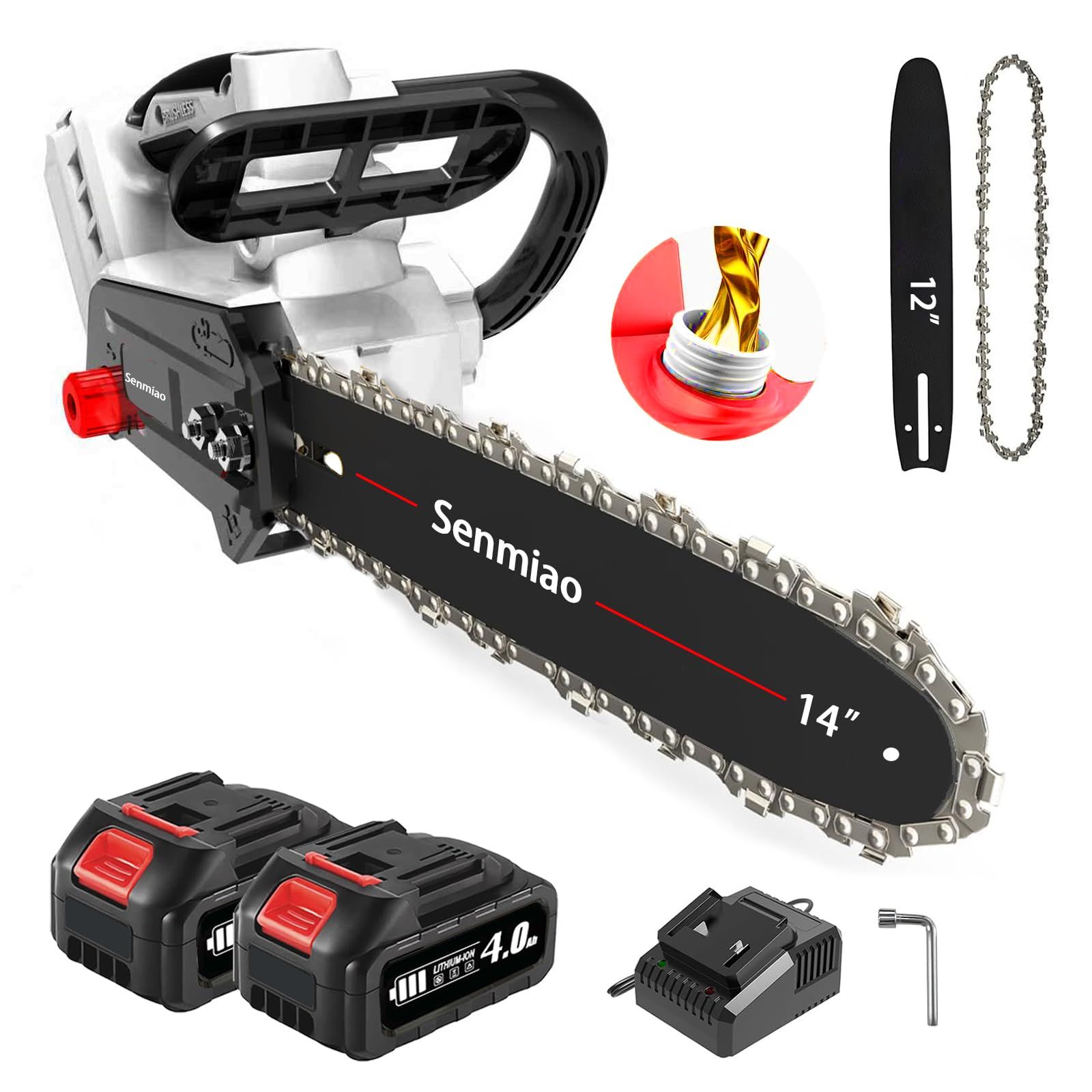 チェーンソー 充電式 21v マキタ電池互換 12/14インチ切替可【2026最新のブラシレスモーター5030】ちぇんそー 自動給油 LED残量表示付 2個4Ah大容量バッテリー急速充電器付&PSE認証済 家庭園芸設備・プロ用 枝切り・木工切 dbea4f99