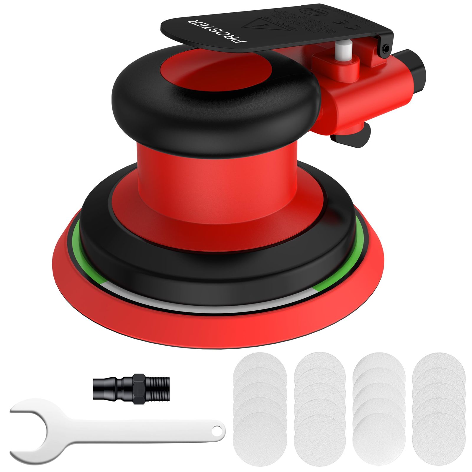 Proster エアーランダムオービタルサンダー エアサンダー エアーDAサンダー 高速偏心研磨機 12000RPM 無段階調整 木材・金属・自動車ボディ用 研磨・仕上げ用 乾式研磨 125ｍｍ直径 砂紙20枚付き プロ/DIY向けso a9b48776