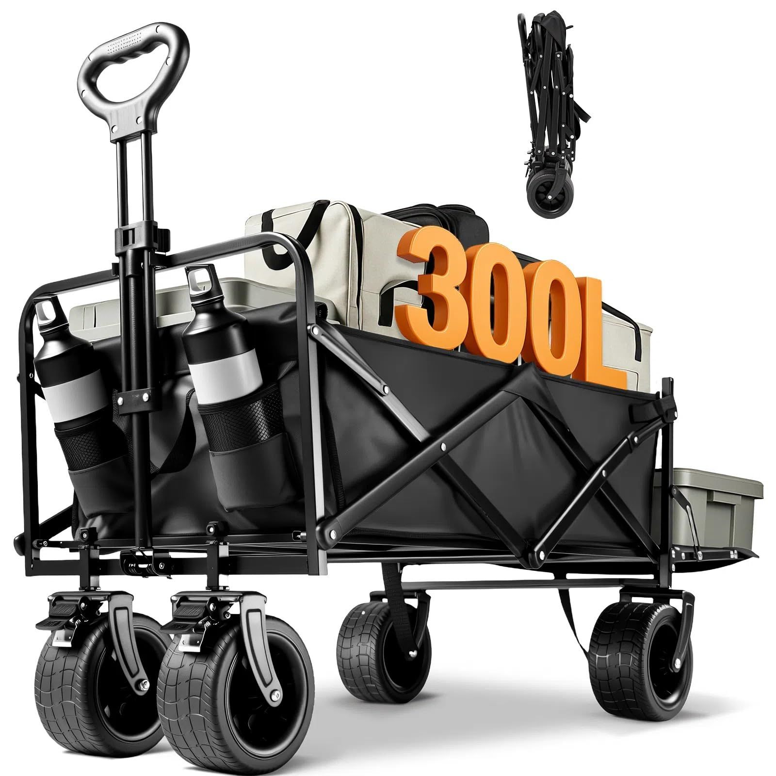 キャリーワゴン 【300L大容量 耐荷重250kg 長物対応 後部展開可】 キャリーカート ボトルポケット付き アウトドアワゴン キャンプ 折りたたみ ワンタッチ収束式 軽量 静音 キャンプ・引越し・BBQ・買い物・釣り・ゴミ出し・運動会 ( 30600ff1