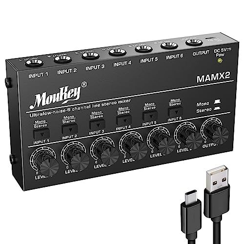 Moukey 低ノイズ 6チャンネル ライン ミニオーディオミキサー、DC 5V、4ステレオウルトラ、サブミキシング用、小規模クラブやバー向け、ギター、ベース、キーボードミキサーとして、MAMX2kk 574ce522