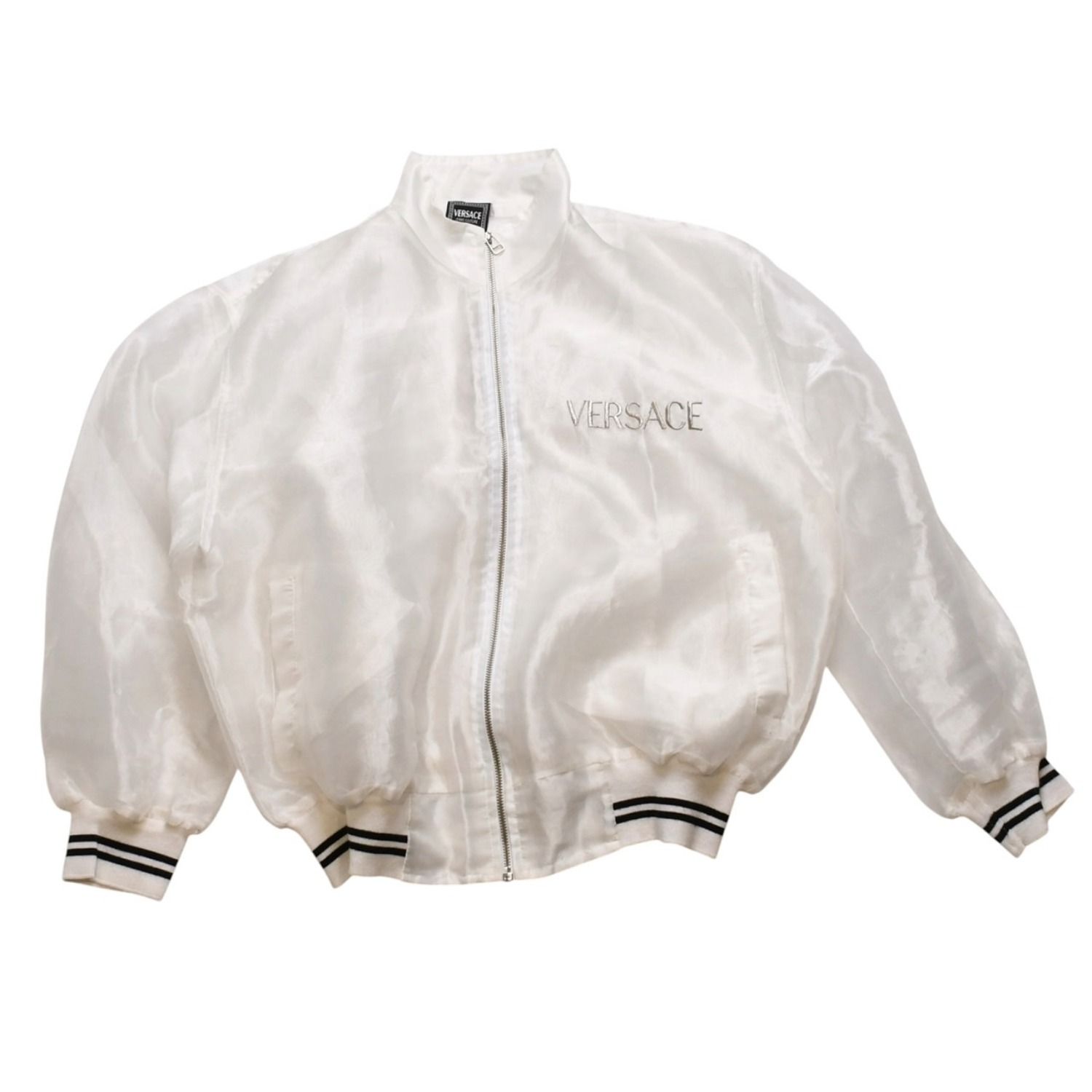 極美品 VERSACE JEANS COUTURE ヴェルサーチ ジーンズ クチュール VINTAGE 90's シアー ボンバージャケット ホワイト 刺繍ロゴ 中古 4a001782