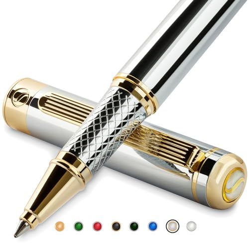 Scriveiner プレミアム ローラーボールペン (シルバークローム)、本物の金メッキと Schmidt インクリフィル付き Silver Chromema