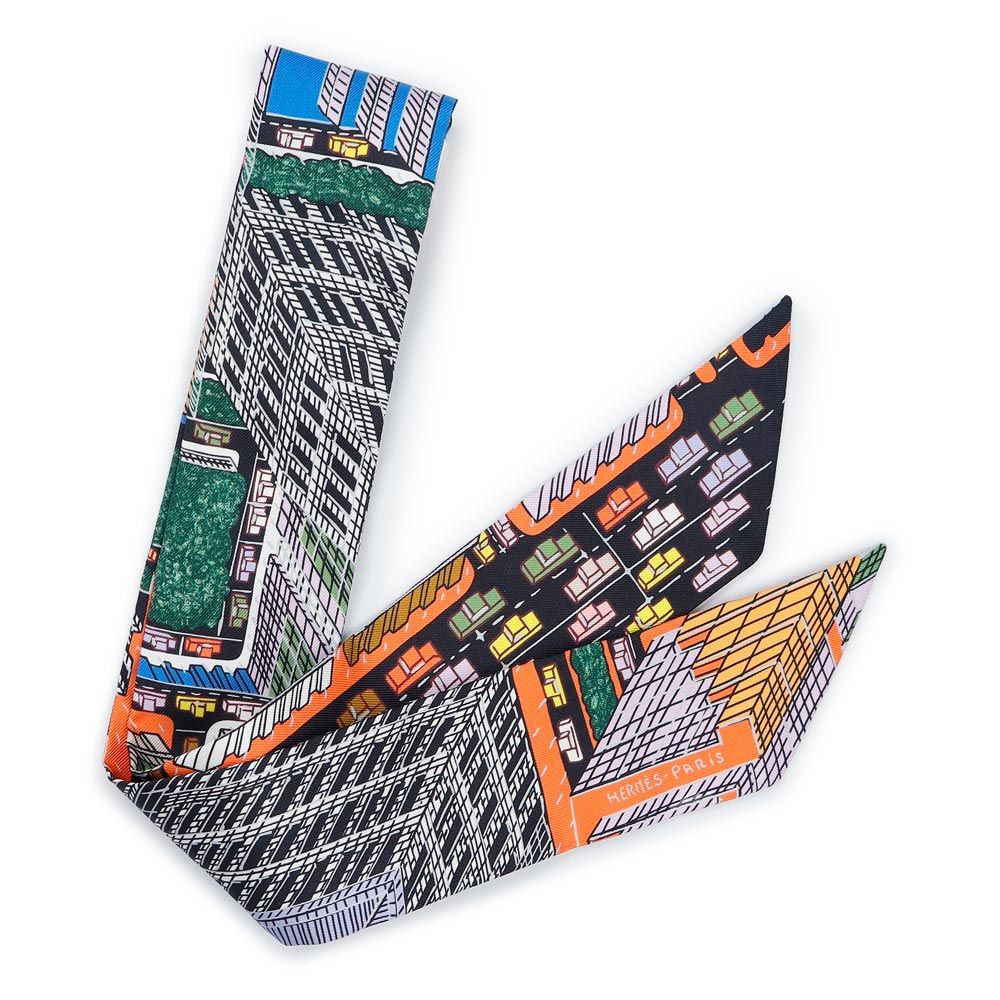 エルメス ツイリー PANTIN CITY パンタンシティ シルク100％ Noir ノワール Parme パルム Multicolore マルチカラー リボン スカーフ 箱付 HERMES（新品・未使用品）