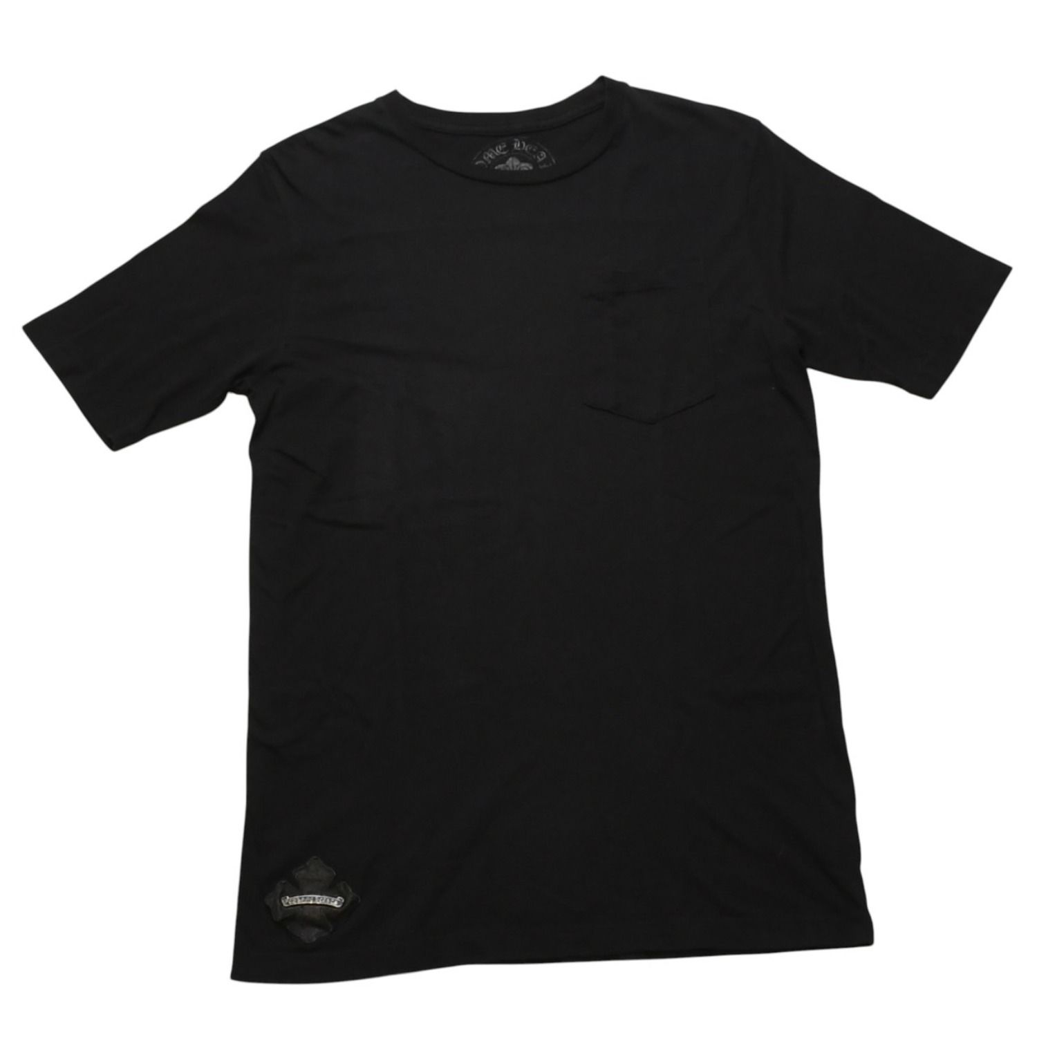 CHROME HEARTS クロムハーツ ポケット付きTシャツ クロスレザーパッチ シルバー金具 ブラック CHプラス スクロールラベル 美品 中古 4a001885