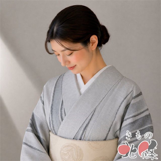 紬地 着物 中古 正絹 単衣 カジュアル 縦段模様 グレー系色 身丈158cm 裄68cm M きもの北條 A1357-6