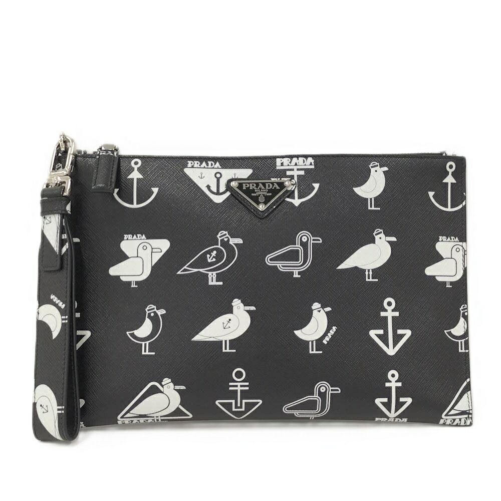 PRADA サフィアーノ クラッチバッグ カモメ ブラック×ホワイト レザー 2NHO