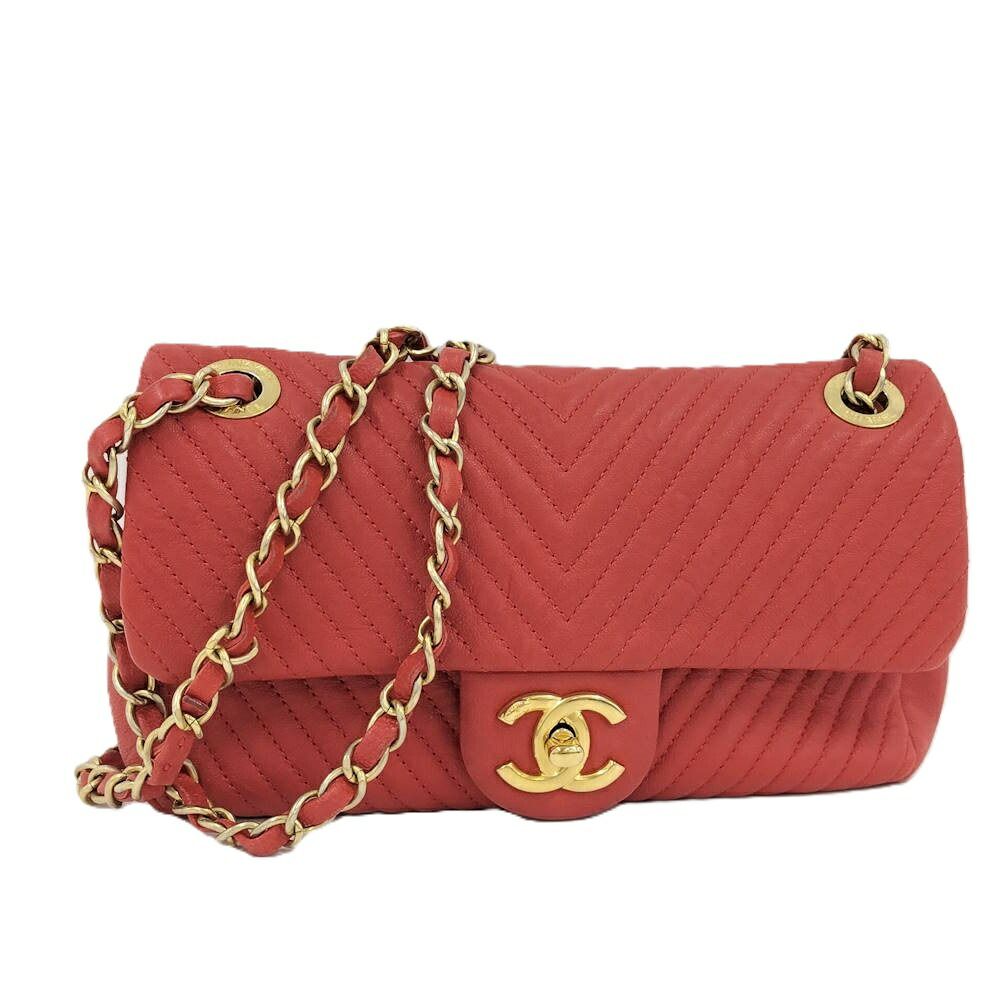 CHANEL ココマーク Vステッチ ダブルチェーンショルダーバッグ レザー レッド
