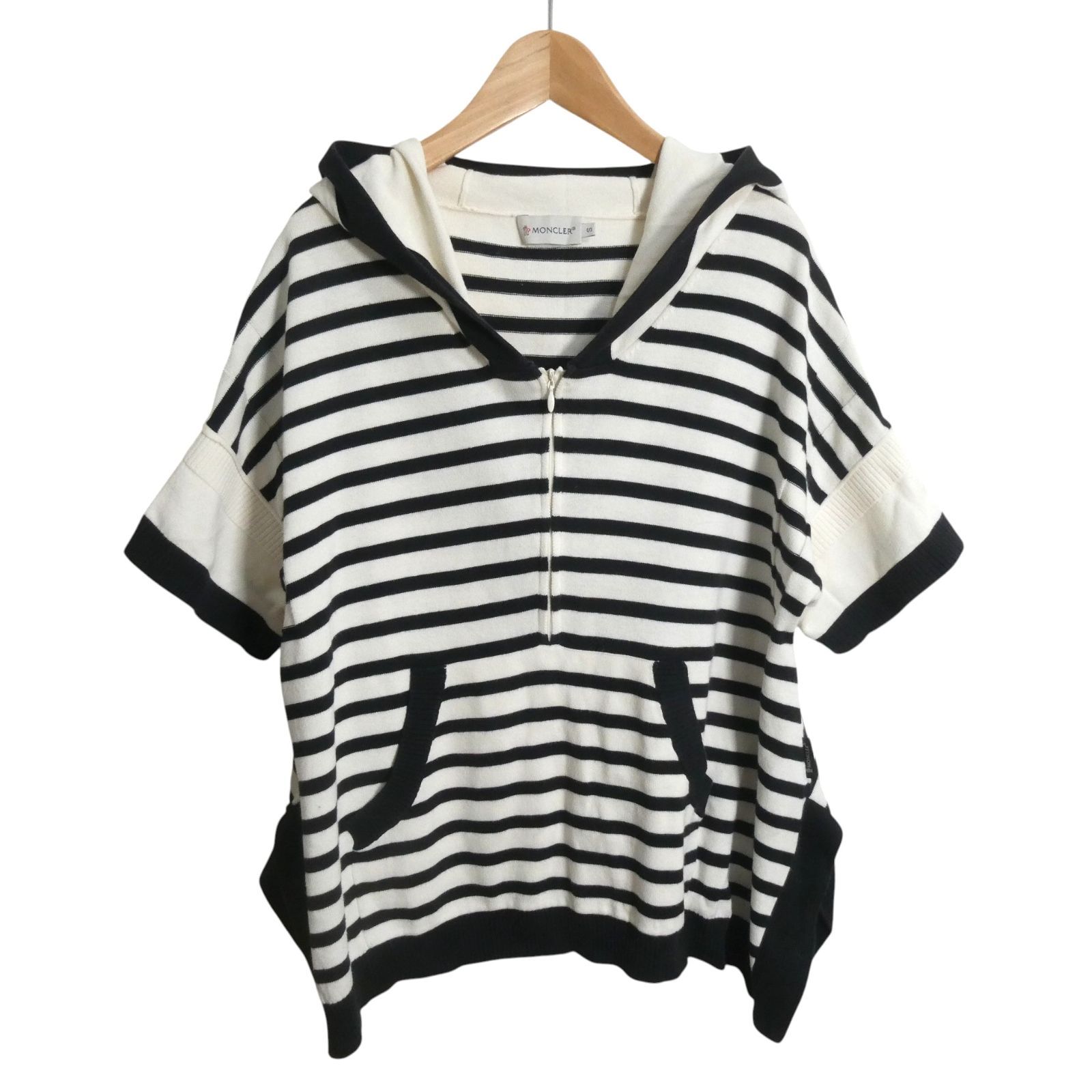 美品 MONCLER モンクレール ニット パーカー プルオーバー フーディ ハーフジップ 半袖 ボーダー柄 コットン MAGLIONE TRICOT POLO サイズS レディース