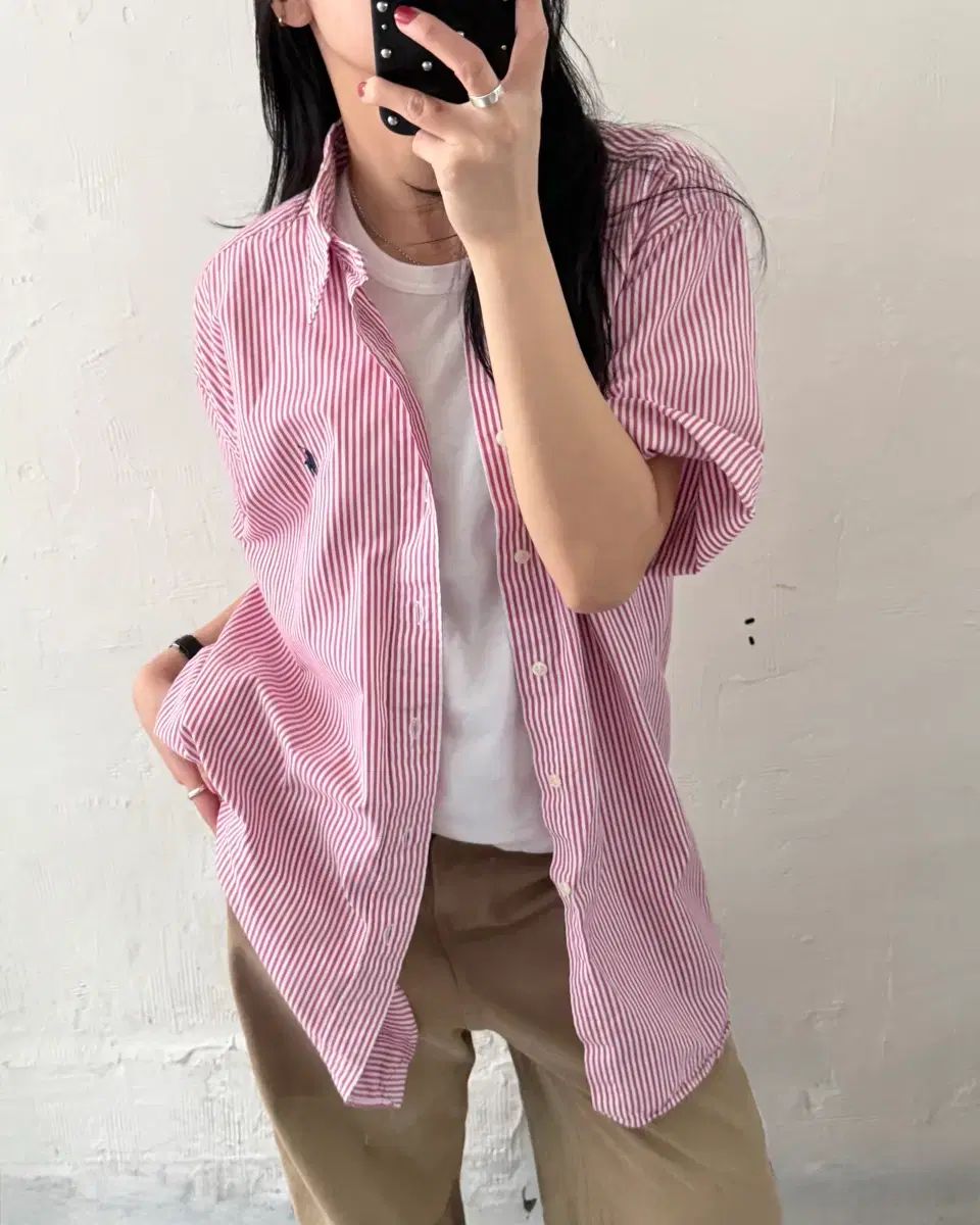 ポロラルフローレン ブレイク 麻 マゼンタ ピンク ストライプ 半袖 シャツ