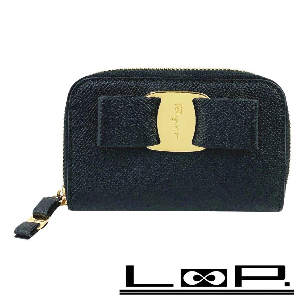 フェラガモ ■新同■ ヴァラ リボン コイン カード ケース コンパクト ウォレット 財布 レザー ブラック 【276002】8