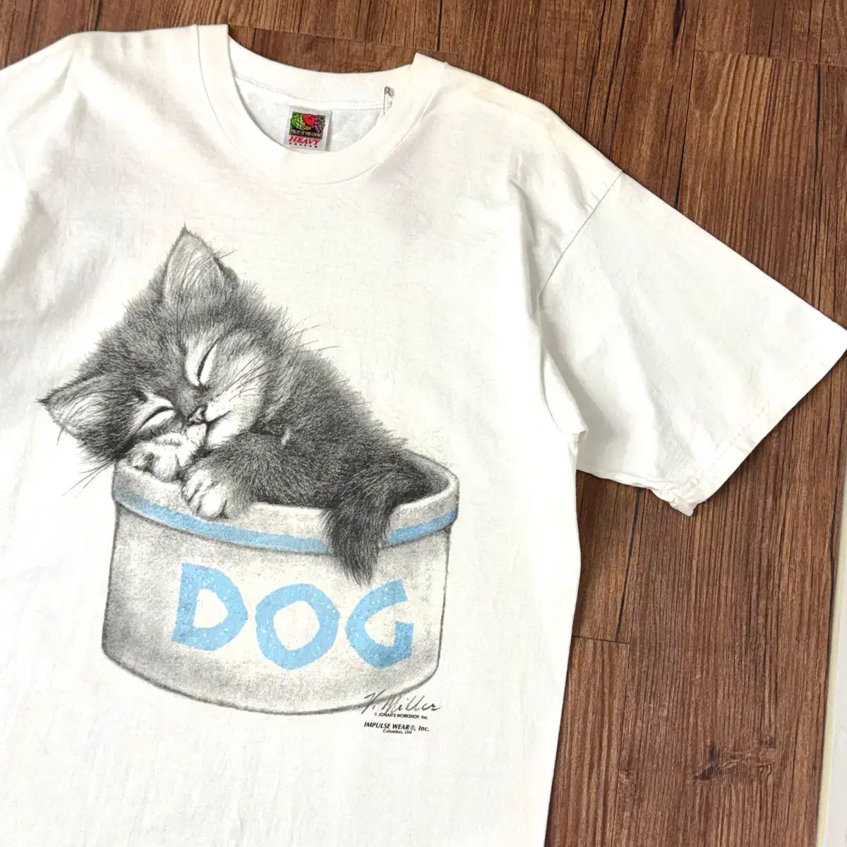 90s FRUIT OF THE LOOM(フルーツオブザルーム) ヴィンテージ キャットドッグ アート 半袖 Tシャツ