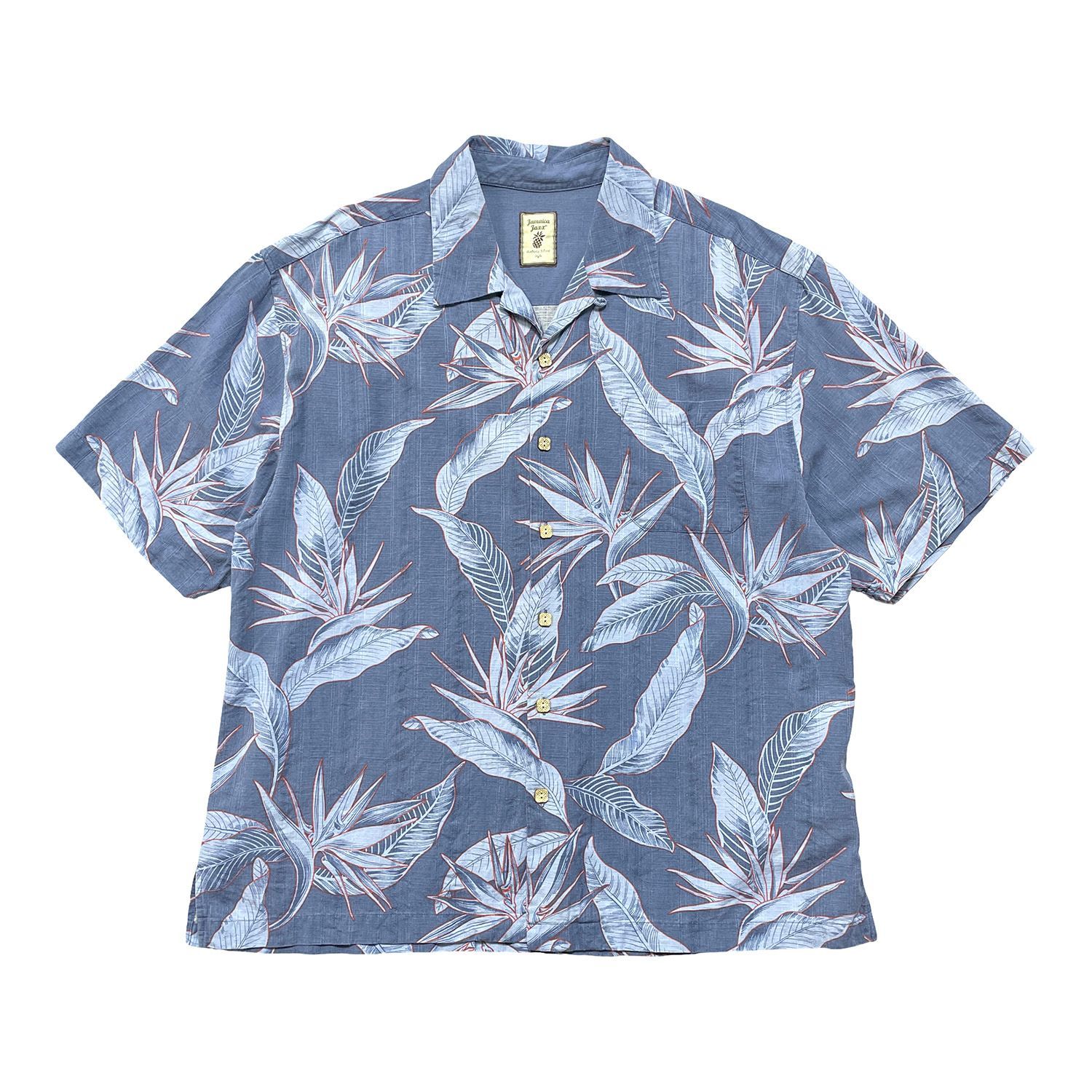 USA 古着 Jamaica Jaxx ジャマイカジャックス シルク 開襟 アロハシャツ ハワイアンシャツ プリント 極楽鳥花柄 メンズXL ブルー BF4511