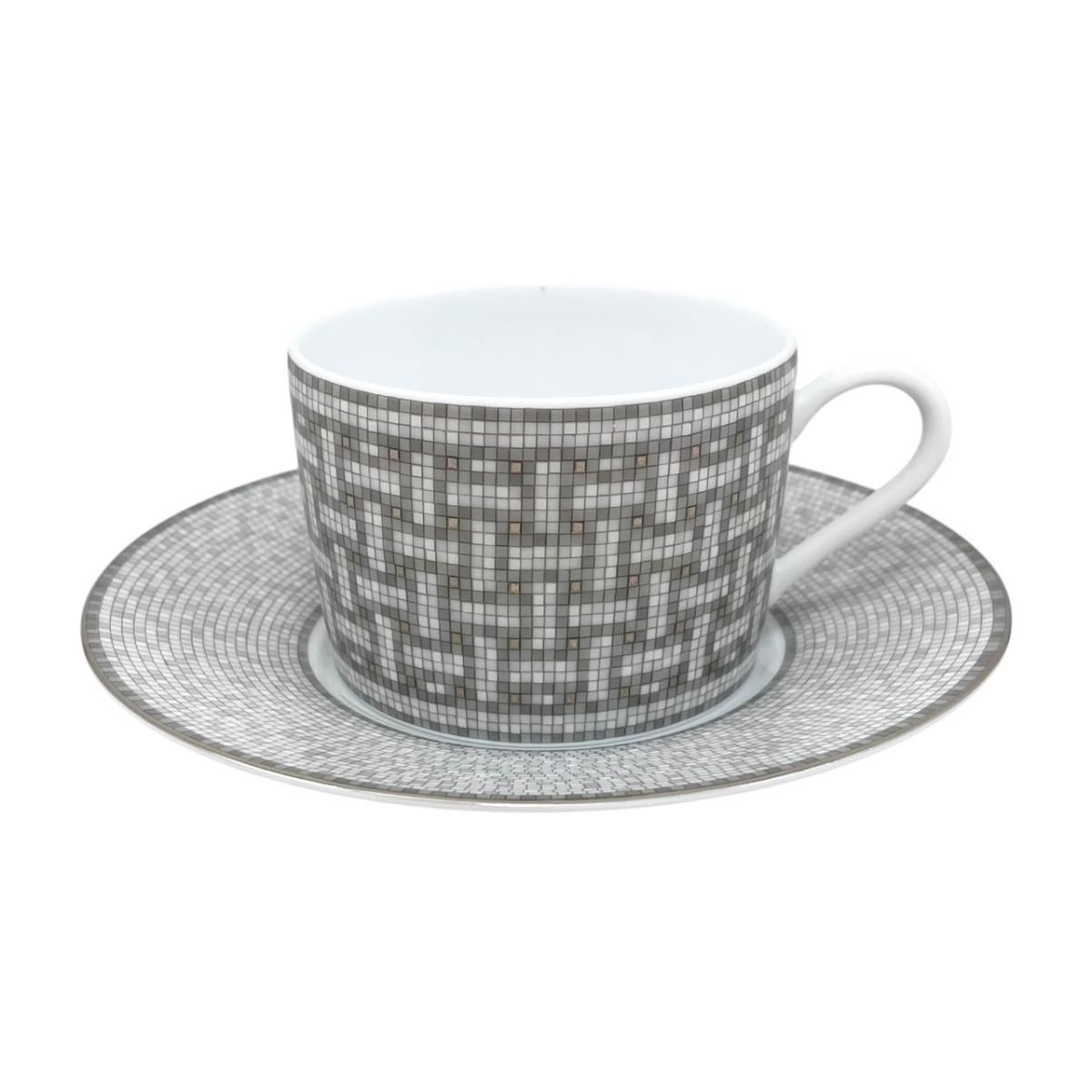 ☆エルメス ティーカップ&ソーサー モザイク 24 プラチナ P035016P ポーセリン グレー ホワイト HERMES