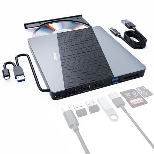 Unitek 7-in-1 外付けCD/DVDドライブ USBハブ USB 3.0/Type Cポート付き ポータブルドライブ 読み込み・書き込み 【Windows 11/10/8/7・Mac Pro/Air・MacBook・Linuxなどに対応】 USB★m