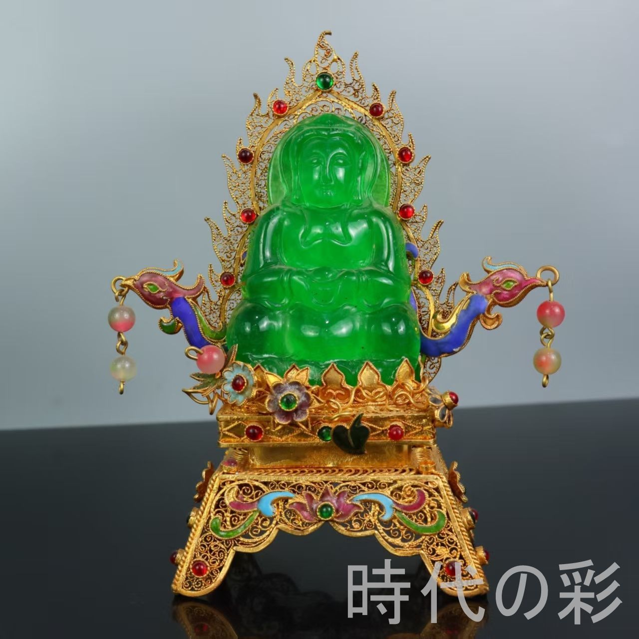 古玉老翡翠 観音擺件』中国古美術 古代ミャンマー 冰種満緑 高冰種 