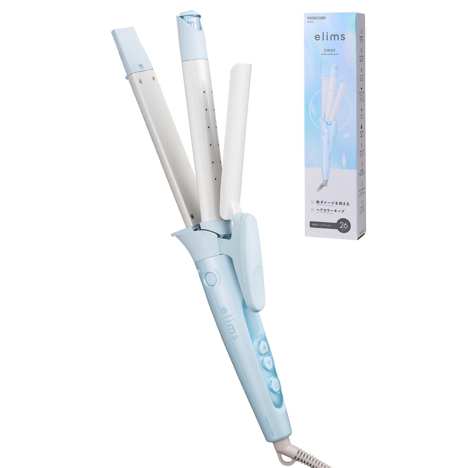 新品 テスコム (TESCOM) ヘアアイロン コテ 26mm ストレート/カール 2way マイナスイオン 【 モイストキープモード搭載 】 海外対応 温度調整/ロック/メモリー 自動OFF 開閉ロック ラク抜きプラグ パールブルー TW552B-A