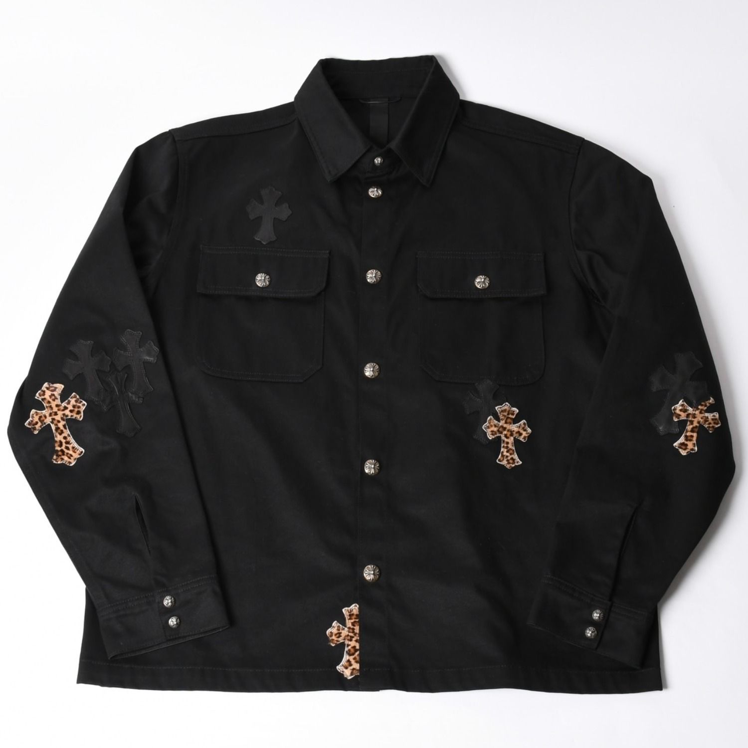極美品 CHROME HEARTS クロムハーツ Y NOT WORK DOG シャツジャケット サイズXL クロスパッチ 20パッチ レオパード ハラコ 中古 4a001359