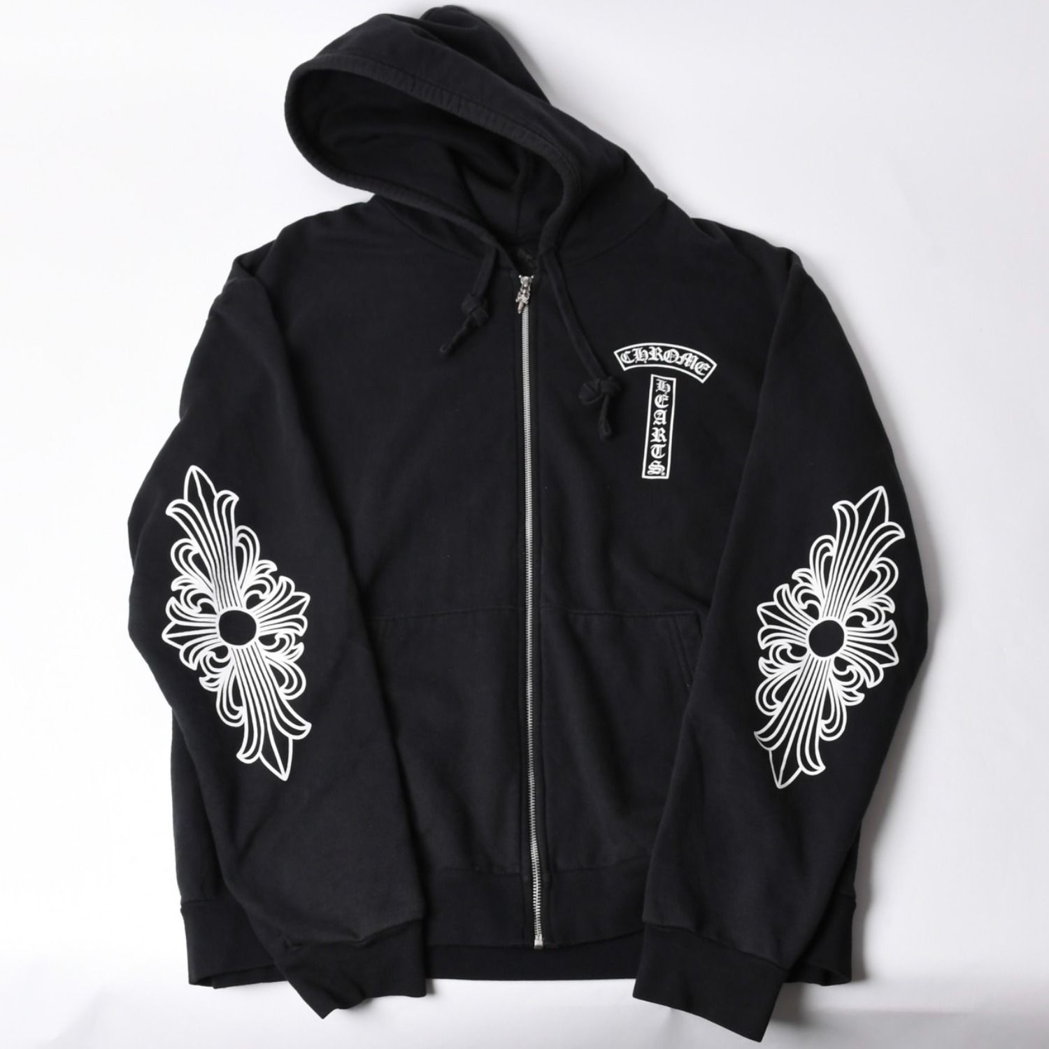 CHROME HEARTS クロムハーツ バックアーチロゴジップアップパーカー T-Bar USA Up Hoodie バックアーチ フローラルクロス ホースシュー ブラック 美品 中古 4a002034