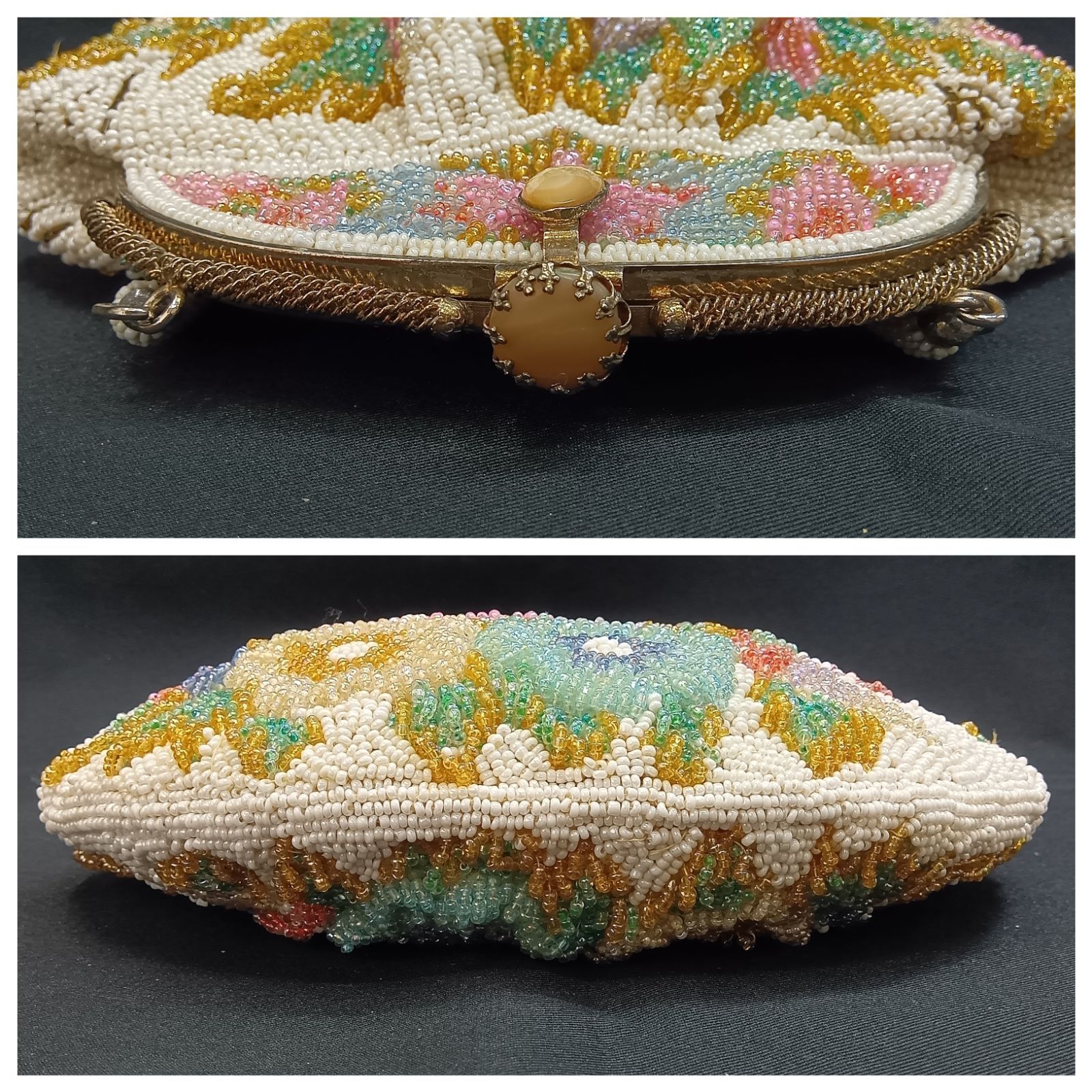 訳ありレア🔴 昭和レトロ 🔷 総柄 ミニビーズ刺繍バッグ ／ 立体的花