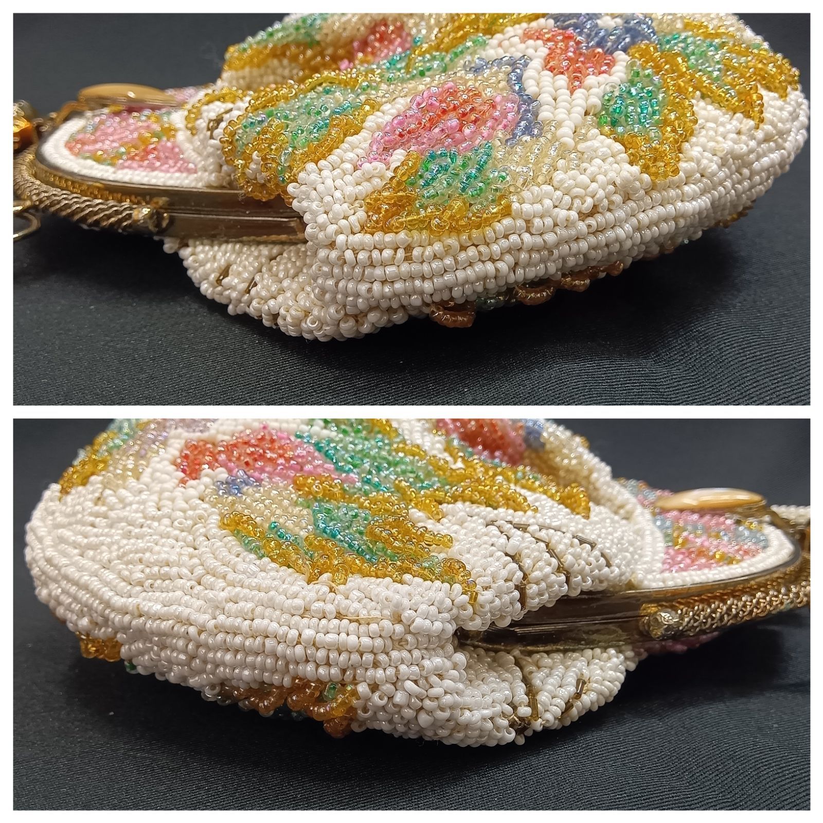 訳ありレア🔴 昭和レトロ 🔷 総柄 ミニビーズ刺繍バッグ ／ 立体的花