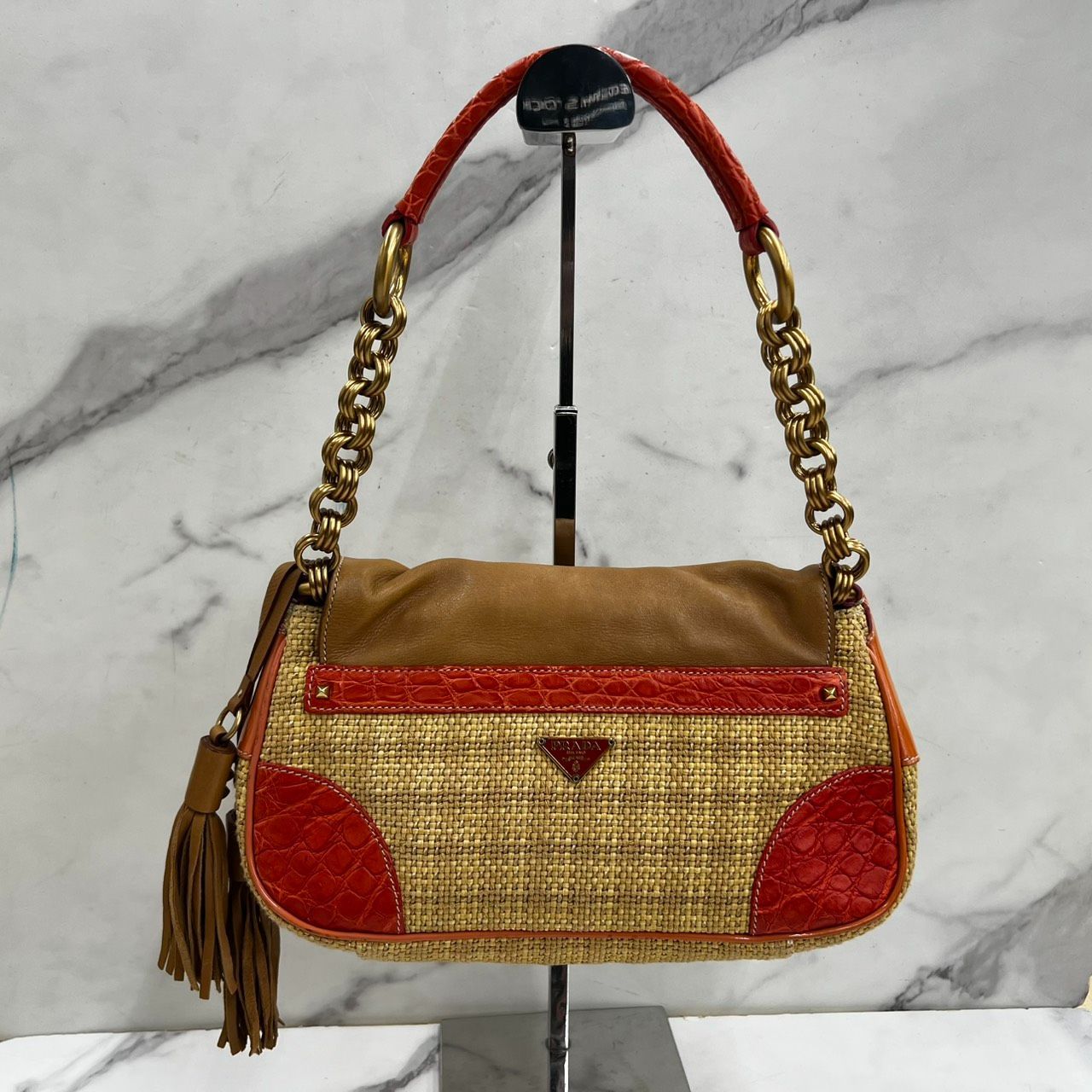 PRADA プラダ ヴィンテージ ラフィア クロコ 型押し ハンドバッグ ブラウン オレンジ