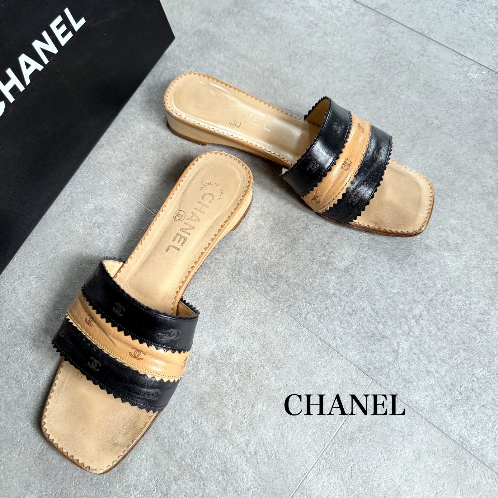 CHANEL シャネル ココマーク レザー サンダル ブラック ベージュ 37C レディースシューズ 24cm