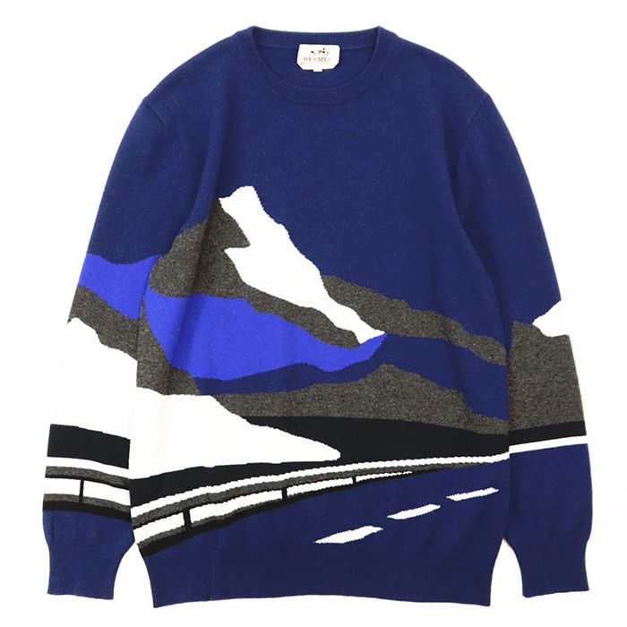 【極美品】HERMES エルメス エンドレスロード ニット サイズ M メンズ マウンテン モチーフ 18AW カシミヤ100% クルーネック 長袖 トップス ブルー系 青 イタリア製