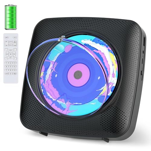 CDプレーヤー Bluetooth 受信/送信 cdラジカセ スピーカー内蔵 卓上＆壁掛け式 プレイヤー 電池内蔵 USB充電式 1台多役 FM/USB対応 A-Bリピート再生 音楽再生/語学学習/胎児教育 日本語説明書付き(マットブラック） 74190d84