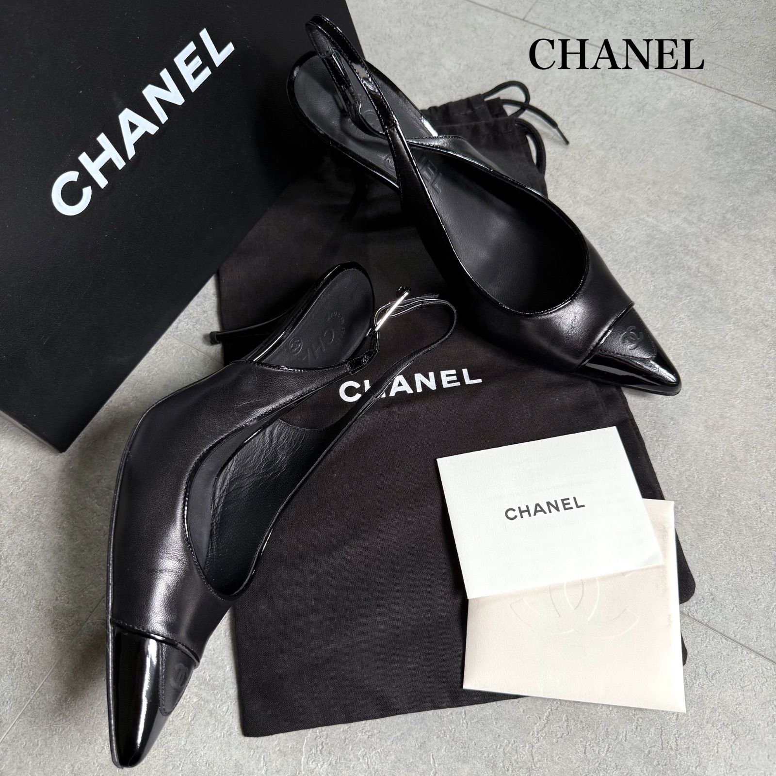 美品 CHANEL シャネル ココマーク スリングバックパンプス レザー ブラック 36C レディースシューズ 23cm バレエシューズ
