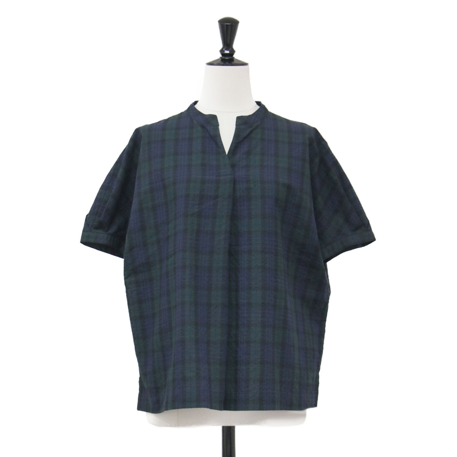 MACKINTOSH PHILOSOPHY マッキントッシュ ブラウス ネイビー グリーン サイズ:38(M) | 25春夏 サッカーチェックスキッパーブラウス / プルオーバー 半袖 フレンチスリーブ タック | トップス シャツ【レディース】【中古】