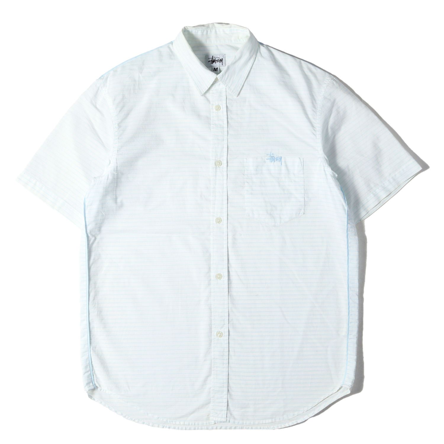 STUSSY ステューシー シャツ ホワイト ライトブルー サイズ:M | 00s コットンブロード ボーダー 半袖シャツ(USA製) | トップス カジュアルシャツ【メンズ】【中古】