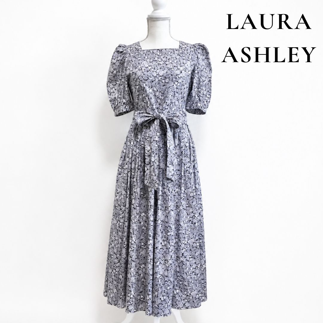 LAURA ASHLEY ローラアシュレイ 花柄 フラワー ワンピース スクエアネック パフスリーブ リボン コットン
