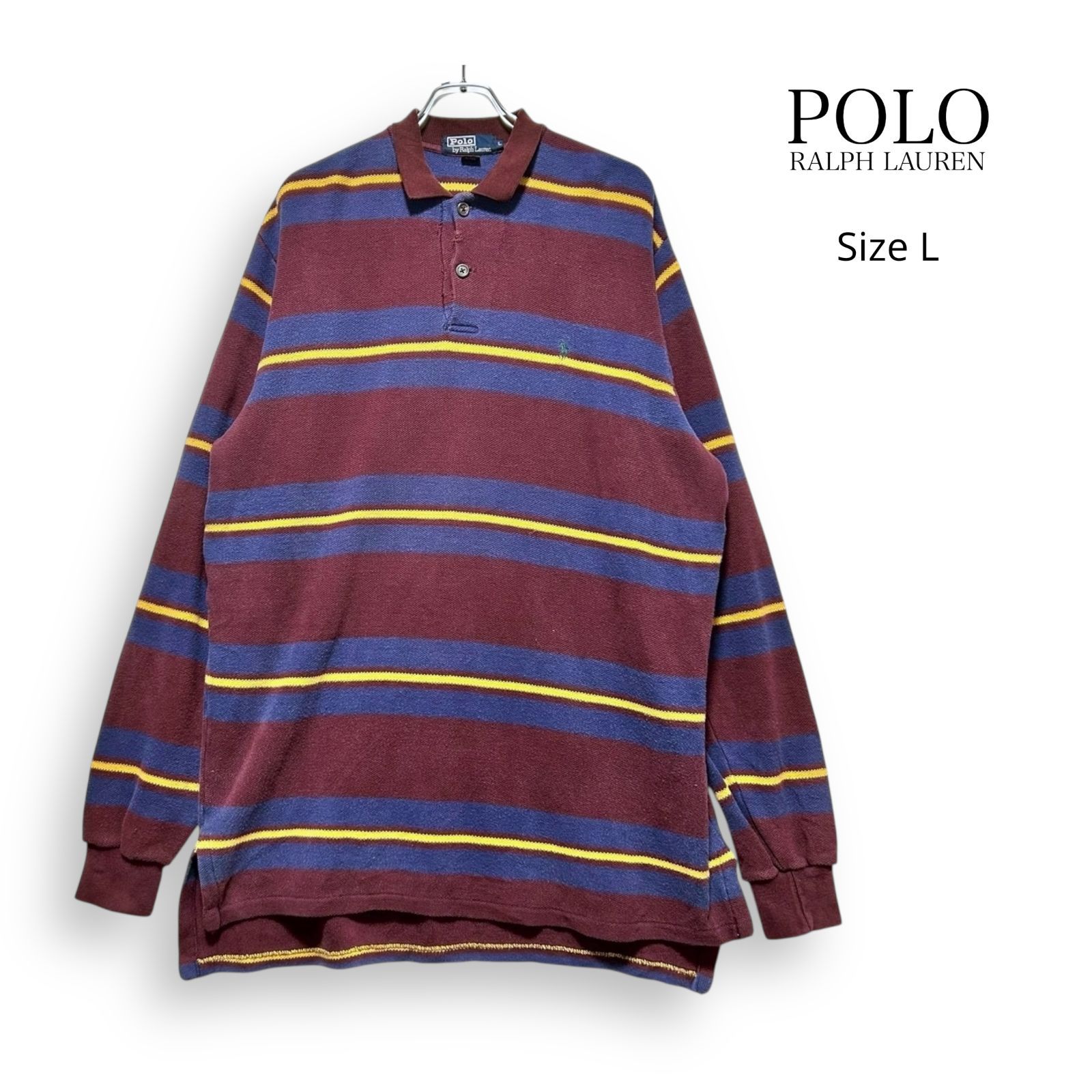 A2641/ Polo Ralph Lauren 90s USA製 ポロ ラルフローレン 長袖 ポロシャツ ボーダー SizeL