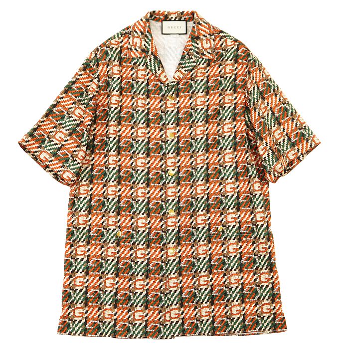 【未使用】GUCCI グッチ 半袖シャツ サイズ 48 メンズ GG ロゴ 総柄 オープンカラー ヴィンテージライク トップス マルチカラー オレンジ グリーン イタリア製