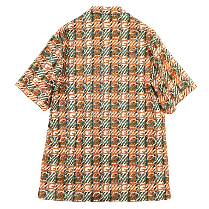 【未使用】GUCCI グッチ 半袖シャツ サイズ 48 メンズ GG ロゴ 総柄 オープンカラー ヴィンテージライク トップス マルチカラー オレンジ グリーン イタリア製